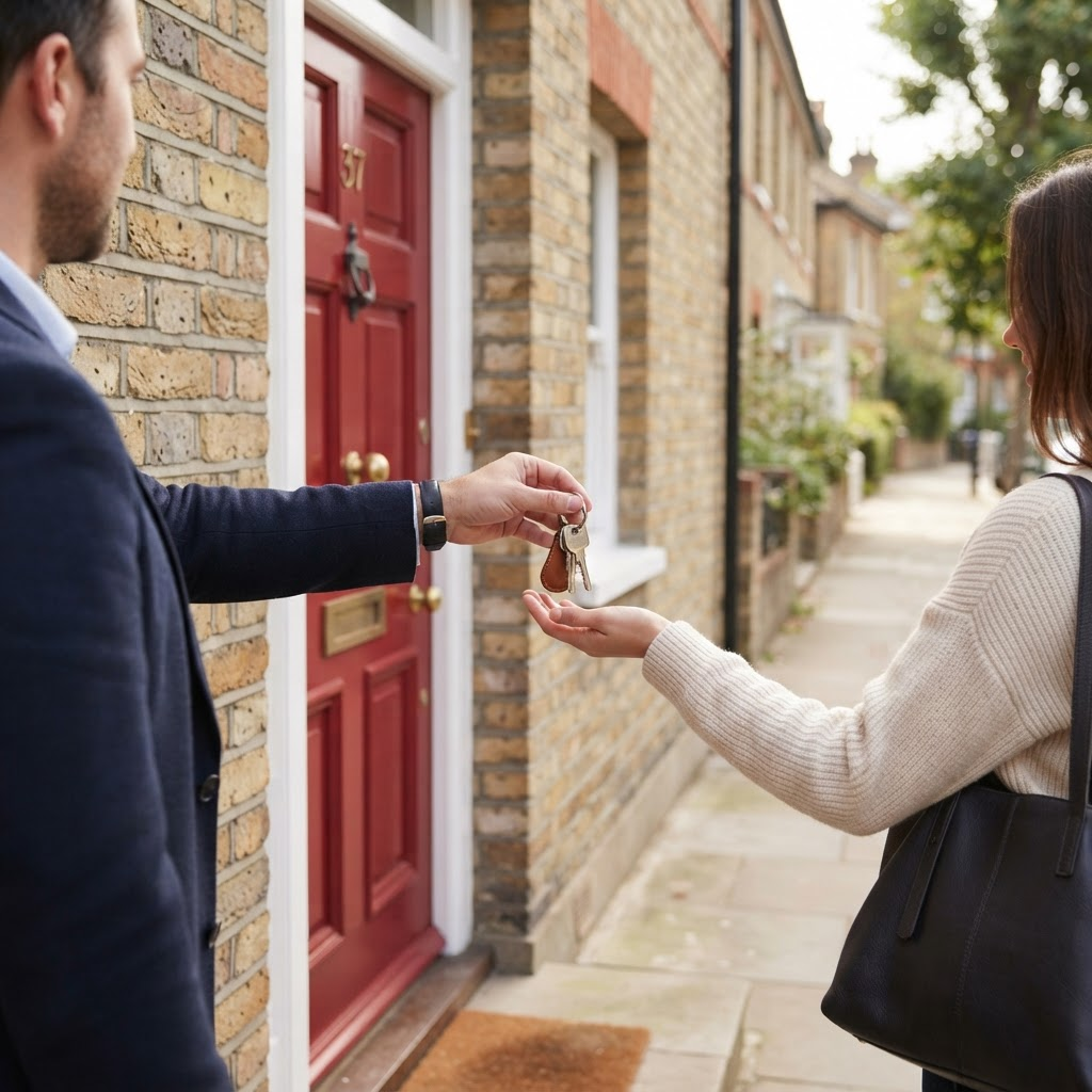 Landlord handing over keys at a property