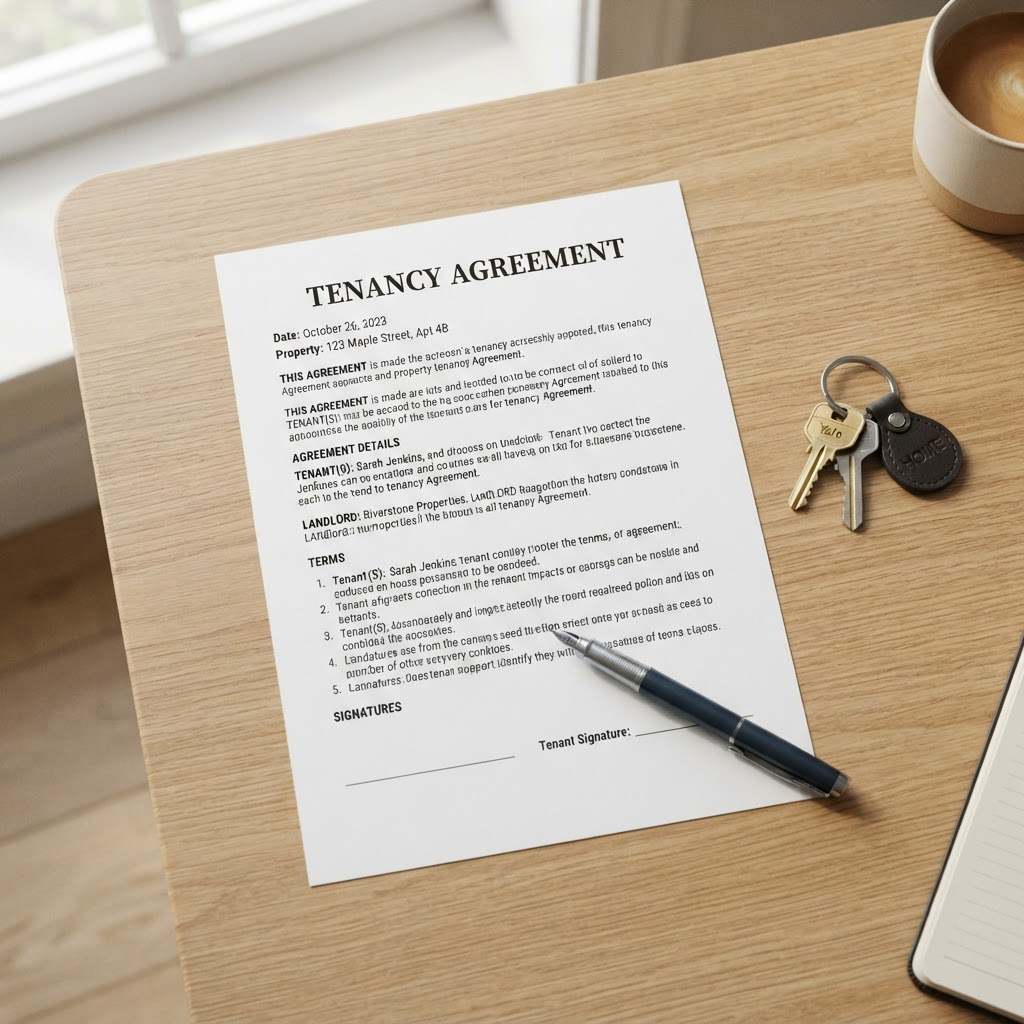 Tenancy agreement document with pen and house keys