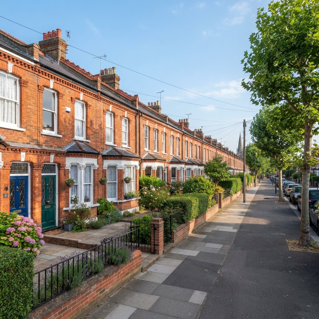UK residential street of terraced houses